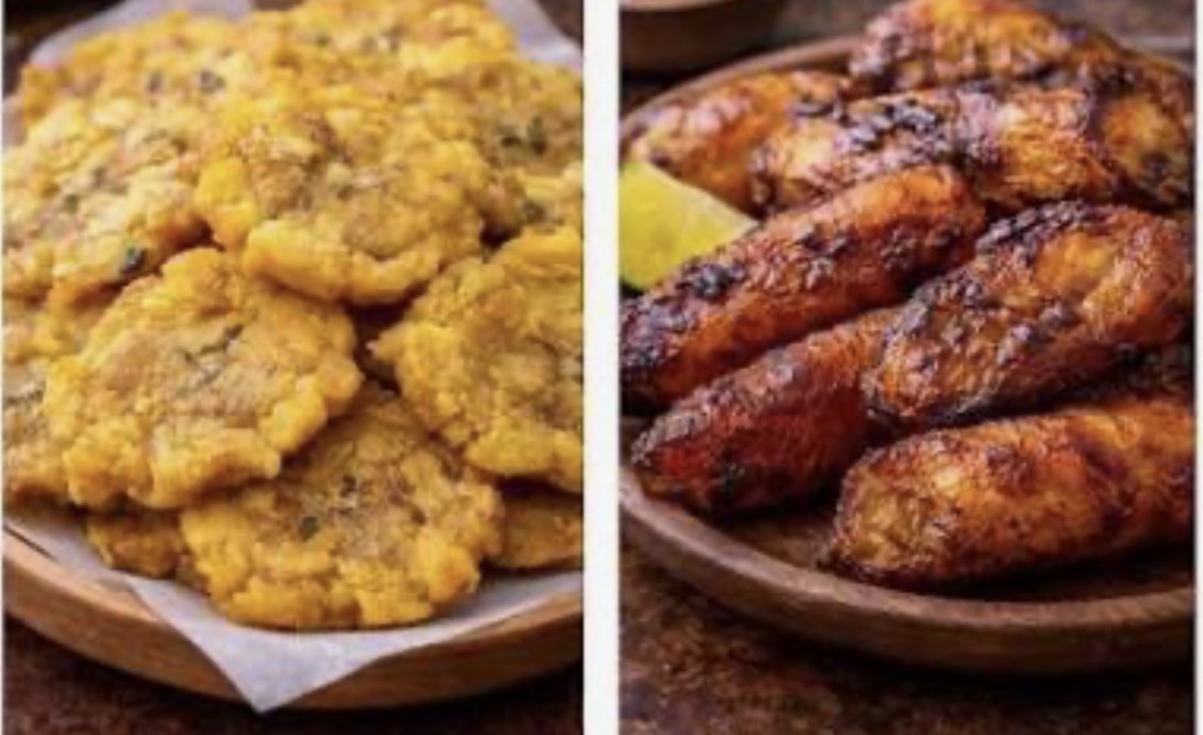 Crisp green plantains beside sweet ripe plantains